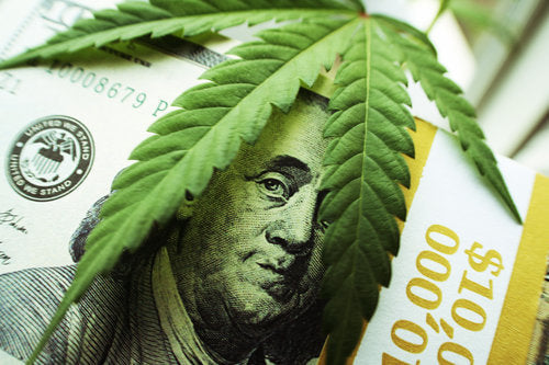 banconota con foglia di cannabis sopra